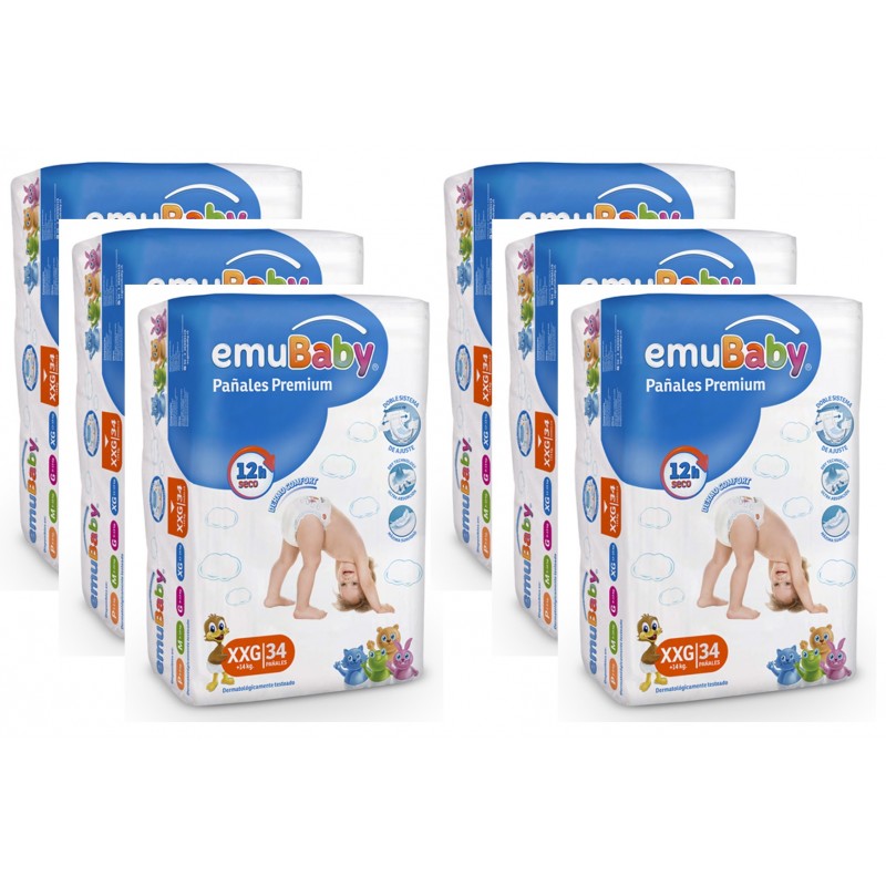 Pack 204 un. Pañales Premium Talla XGG (+ de 14kg) EmuBaby Niños