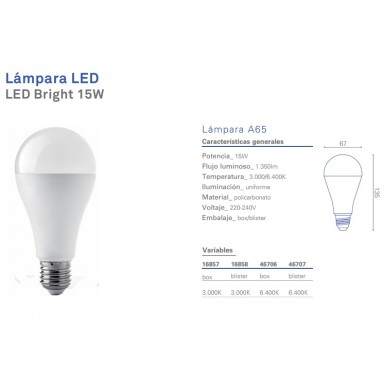 Ampolleta LED A65 Clásica 15W/6400K E-27 Megabright Inicio