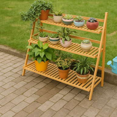 Pérgola Rack Para Terrazas de Bambu. Tres niveles. Inicio