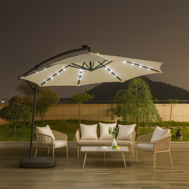 Quitasol Lateral Con Luces led Beige Con Base Terraza y Jardin