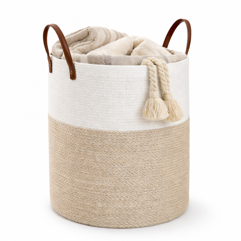 Cesta Canasta tejida Beige Blanca 60 Litros Organización