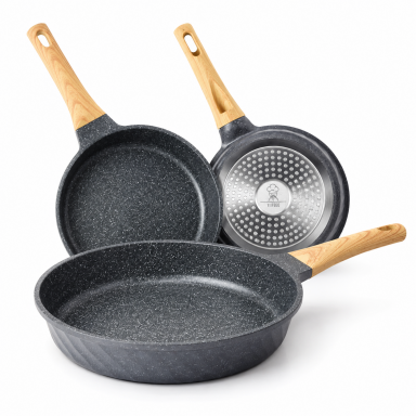 Set de Sartenes Antiadherentes Efecto Piedra con Mango Madera Inicio