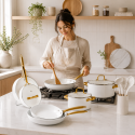 Batería de Cocina Antiadherente Blanca con Mangos Dorados Inicio