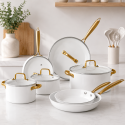 Batería de Cocina Antiadherente Blanca con Mangos Dorados Inicio