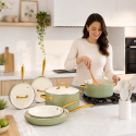 Batería de Cocina Antiadherente Verde con Mangos Dorados Inicio