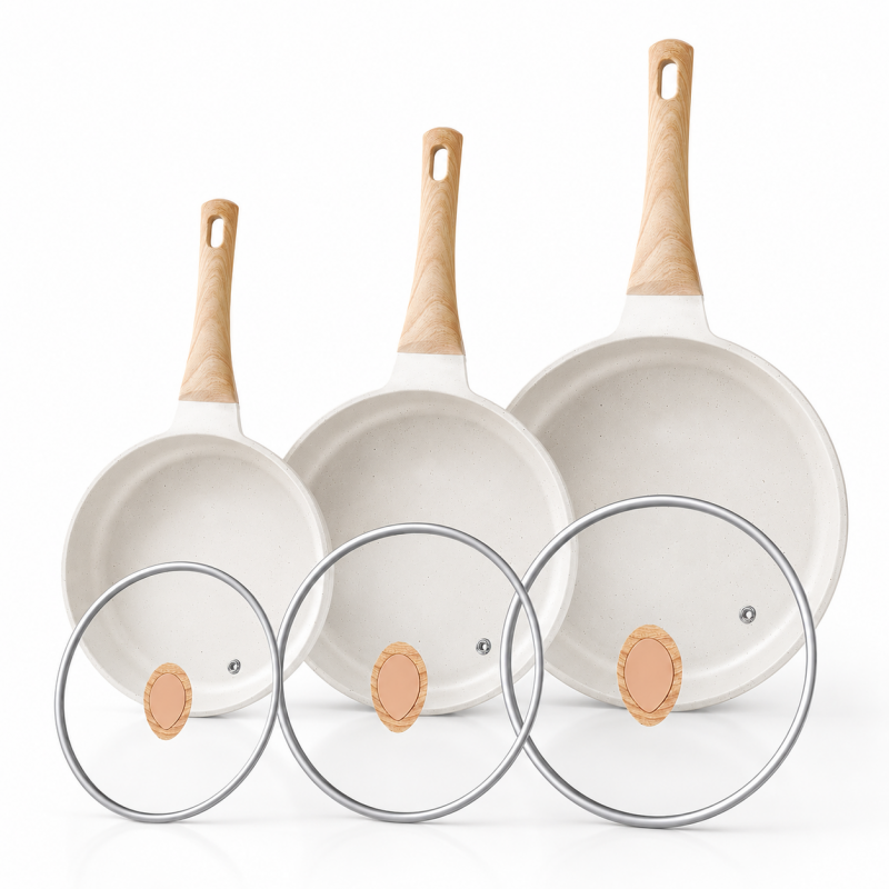 Set de Sartenes Antiadherentes Blancos con Tapas de Vidrio Inicio