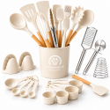 Set de Utensilios de Cocina Silicona Premium con Mango Tipo Madera Inicio