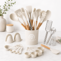 Set de Utensilios de Cocina Silicona Premium con Mango Tipo Madera Inicio