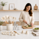 Set de Utensilios de Cocina Silicona Premium con Mango Tipo Madera Inicio