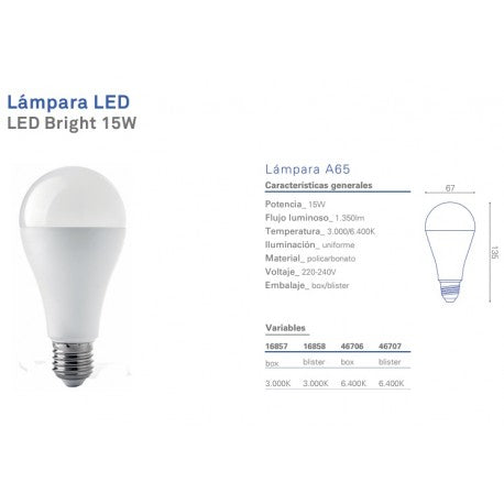 Ampolleta LED A65 Clásica 15W/6400K E-27 Megabright