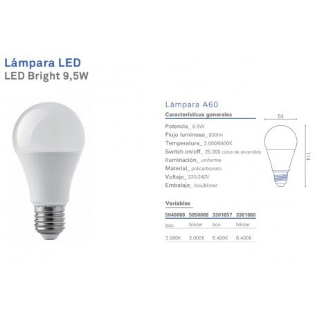 Ampolleta LED A60 Clásica 9,5W/6400K E-27 Megabright