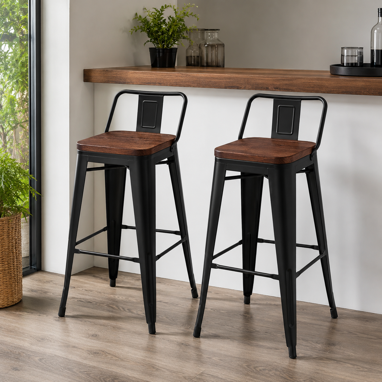 Pack 2 Taburetes Tolix con Base de madera y Respaldo Negro
