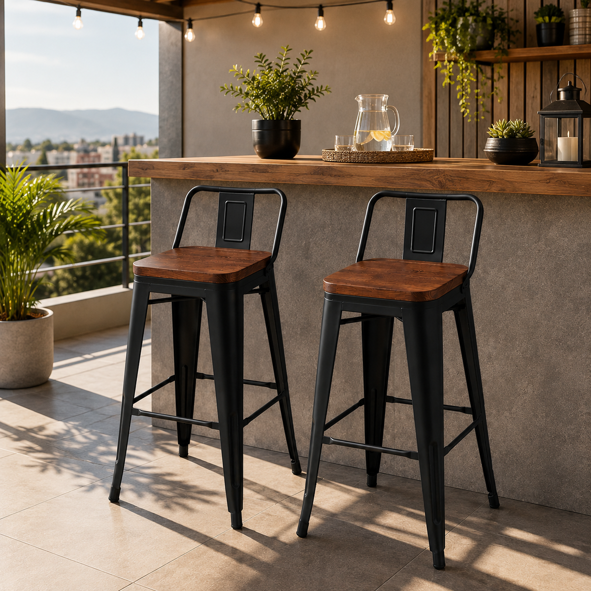 Pack 2 Taburetes Tolix con Base de madera y Respaldo Negro
