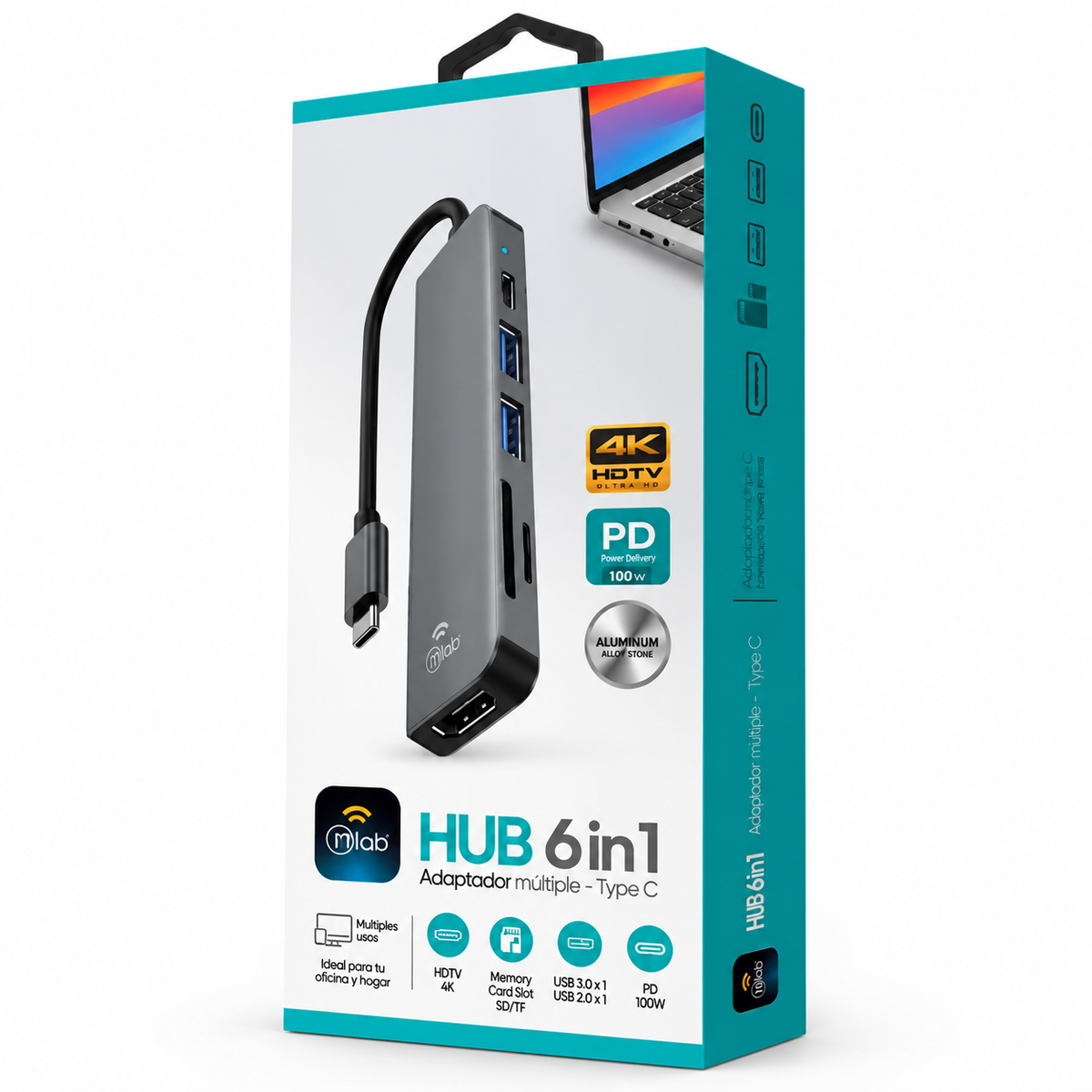 Hub Adaptador MLAB 6 en 1 USB-C a HDMI + SD/TF + PD 100W + 2 USB