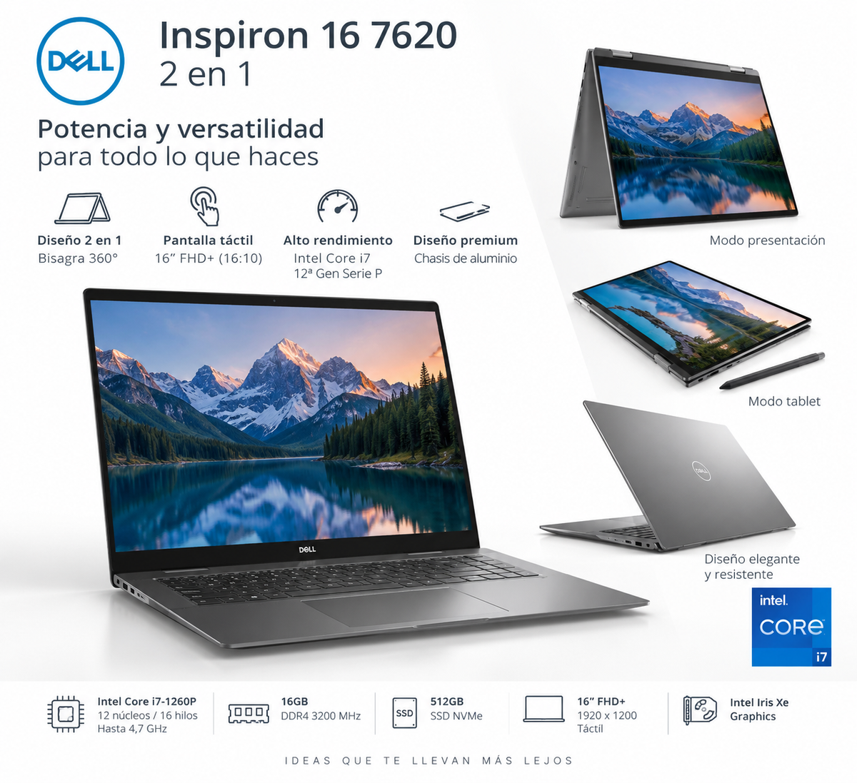 Dell Inspiron 16" 7620 2 en 1 Intel Core i7-1260P 16GB RAM 512GB SSD