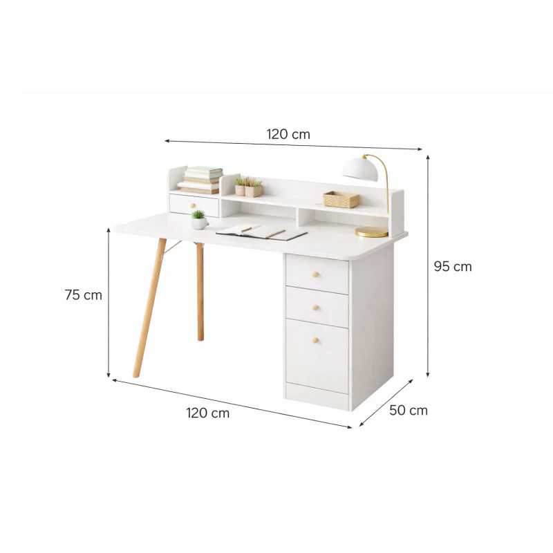 Escritorio Nordico Con Estanteria 3 Cajones Blanco