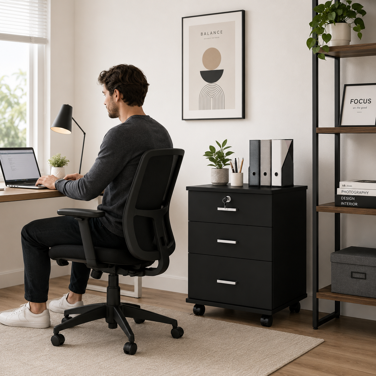 Gabinete para oficina 3 cajones con llave negro