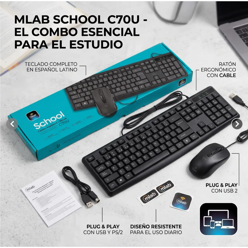 Kit Teclado y Mouse MLAB School C70U USB 1600 DPI Gris/Negro