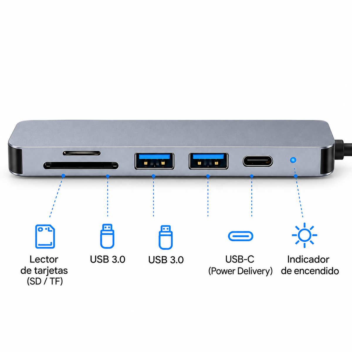 Hub Adaptador MLAB 6 en 1 USB-C a HDMI + SD/TF + PD 100W + 2 USB