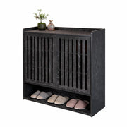 Zapatero Tokio Dark Grey de madera melamínica con capacidad para 16 pares de zapatos, puertas con diseño de listones para ventilación, repisa inferior abierta y superficie superior decorativa, ideal para entradas, dormitorios y living.