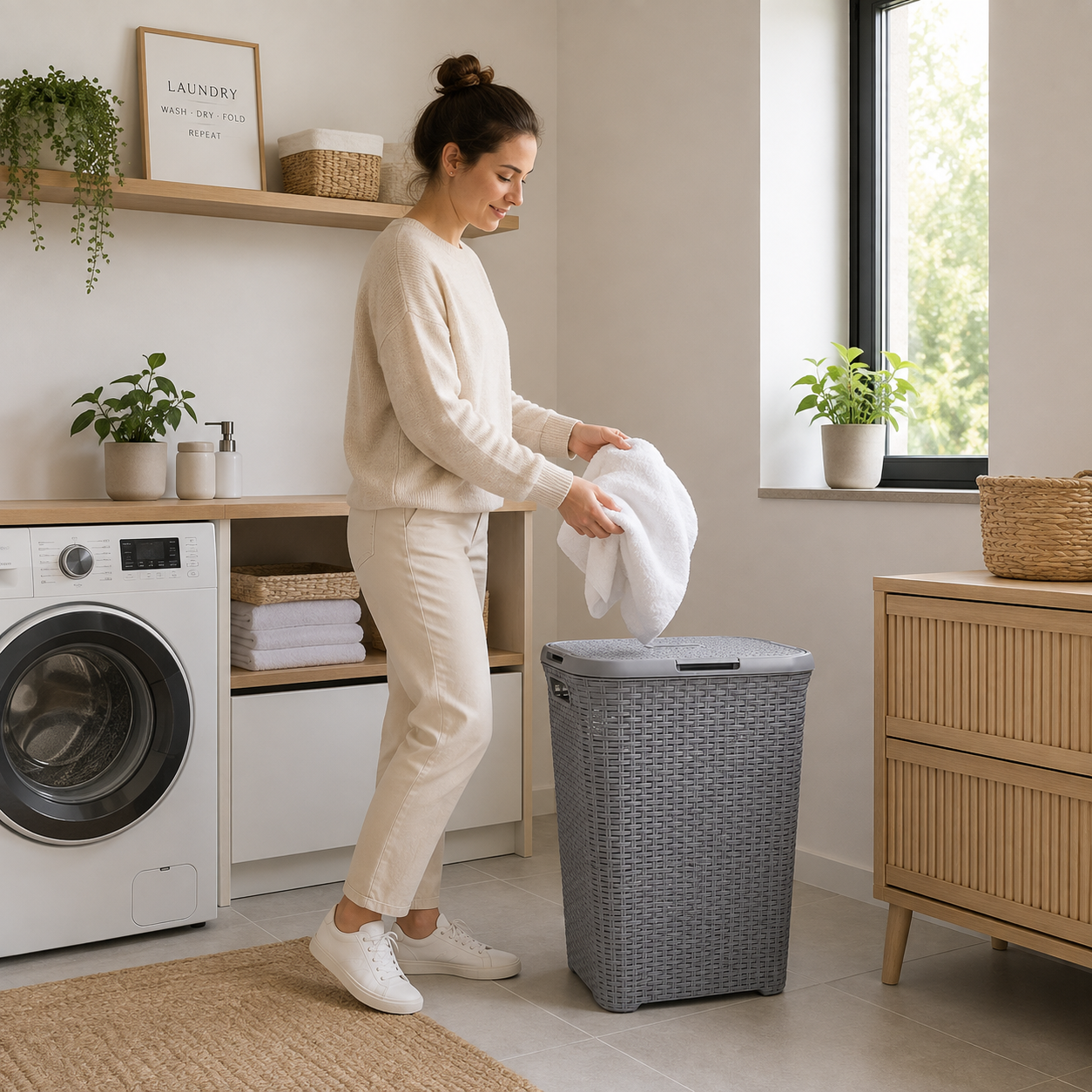 Cesto Modelo Ratan 62 Lts con tapa gris, Reyplast
