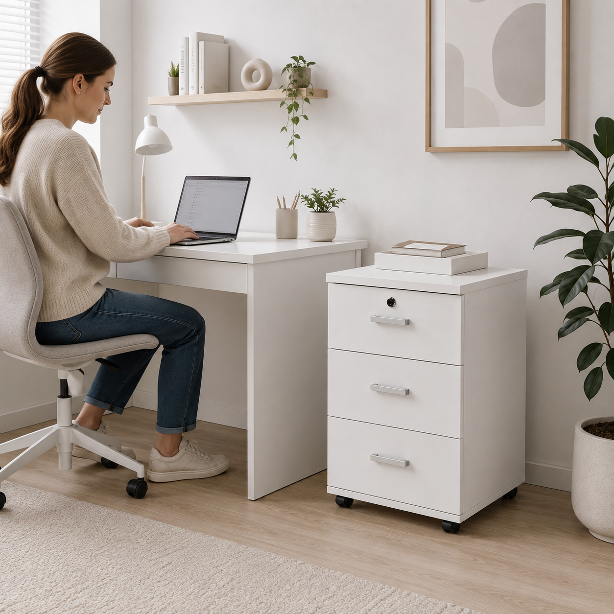 Gabinete para oficina 3 cajones con llave blanco
