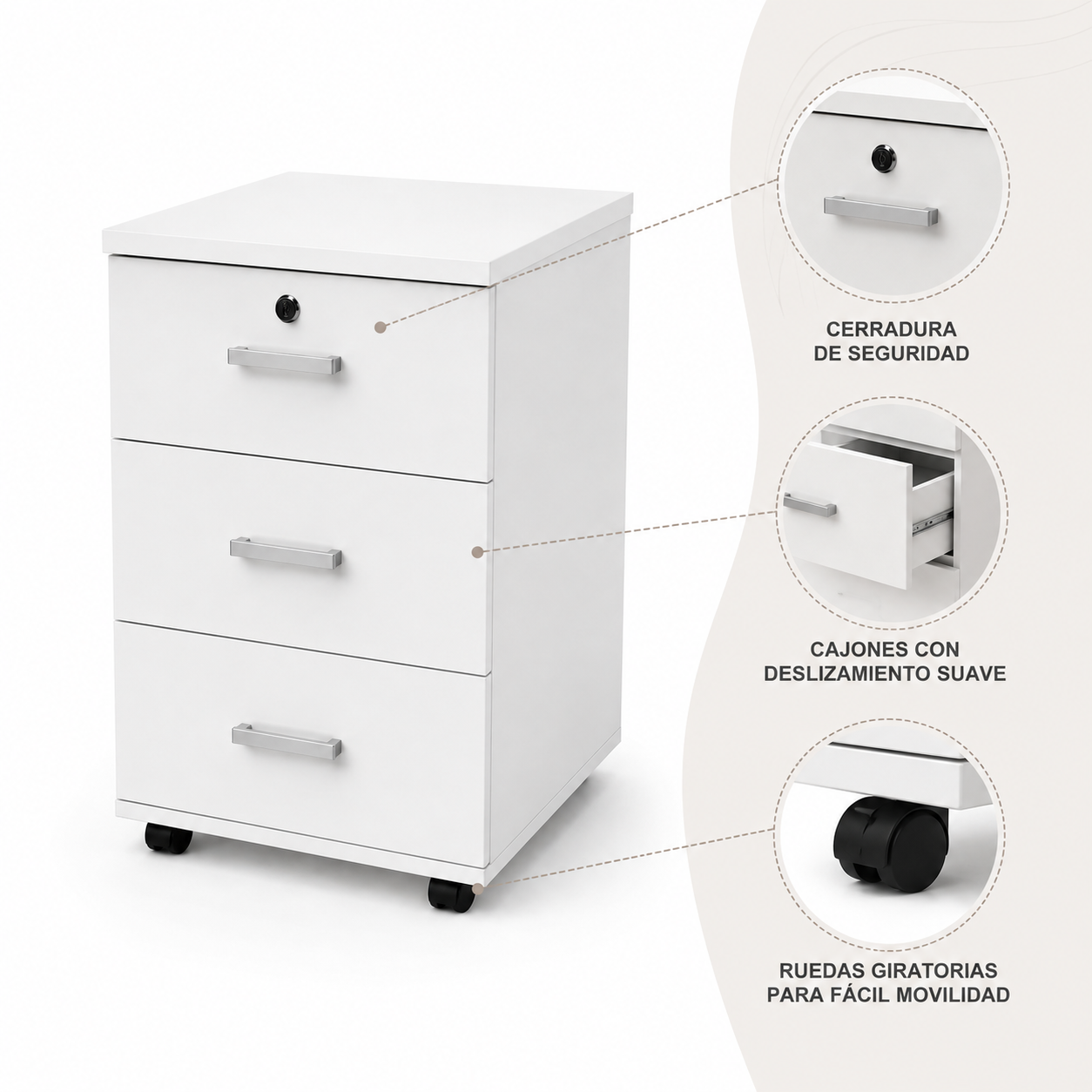 Gabinete para oficina 3 cajones con llave blanco