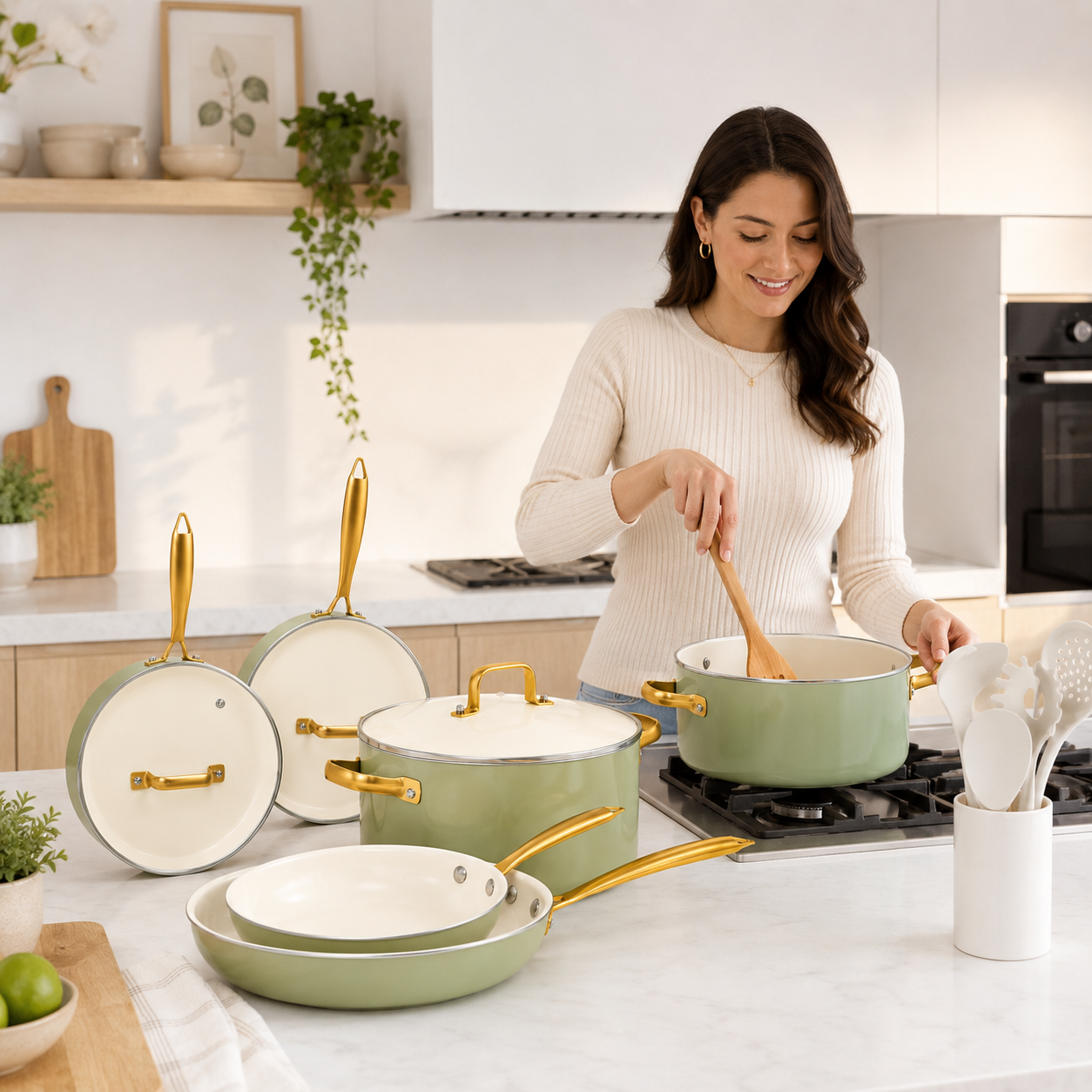 Batería de Cocina Antiadherente Verde con Mangos Dorados