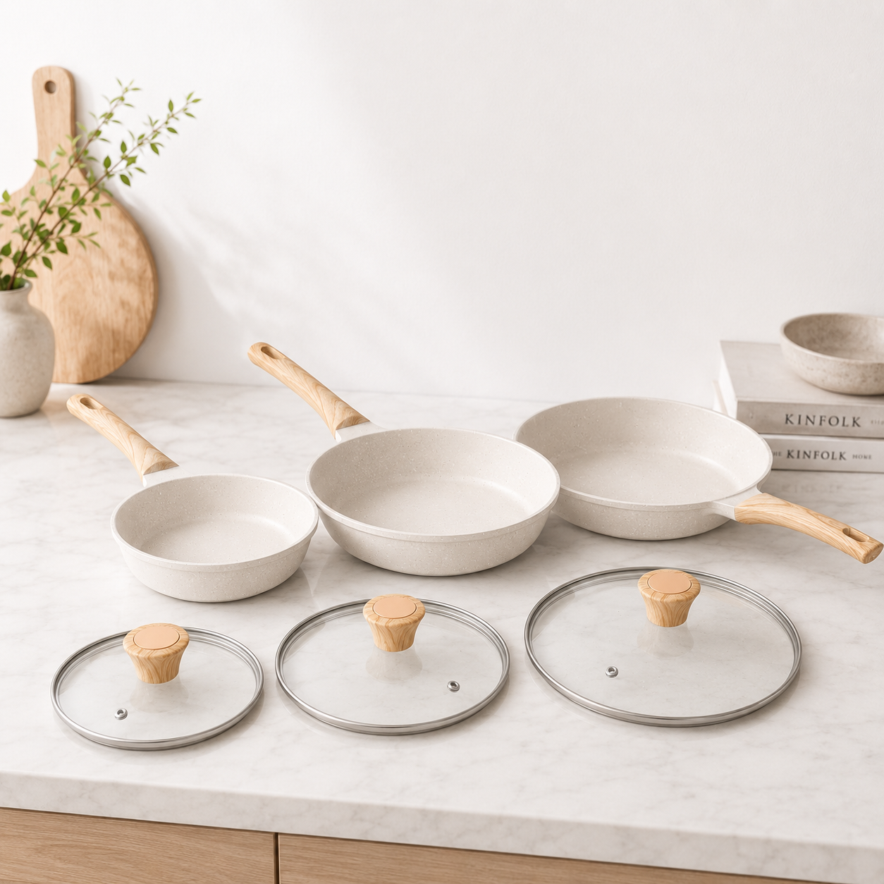 Set de Sartenes Antiadherentes Blancos con Tapas de Vidrio