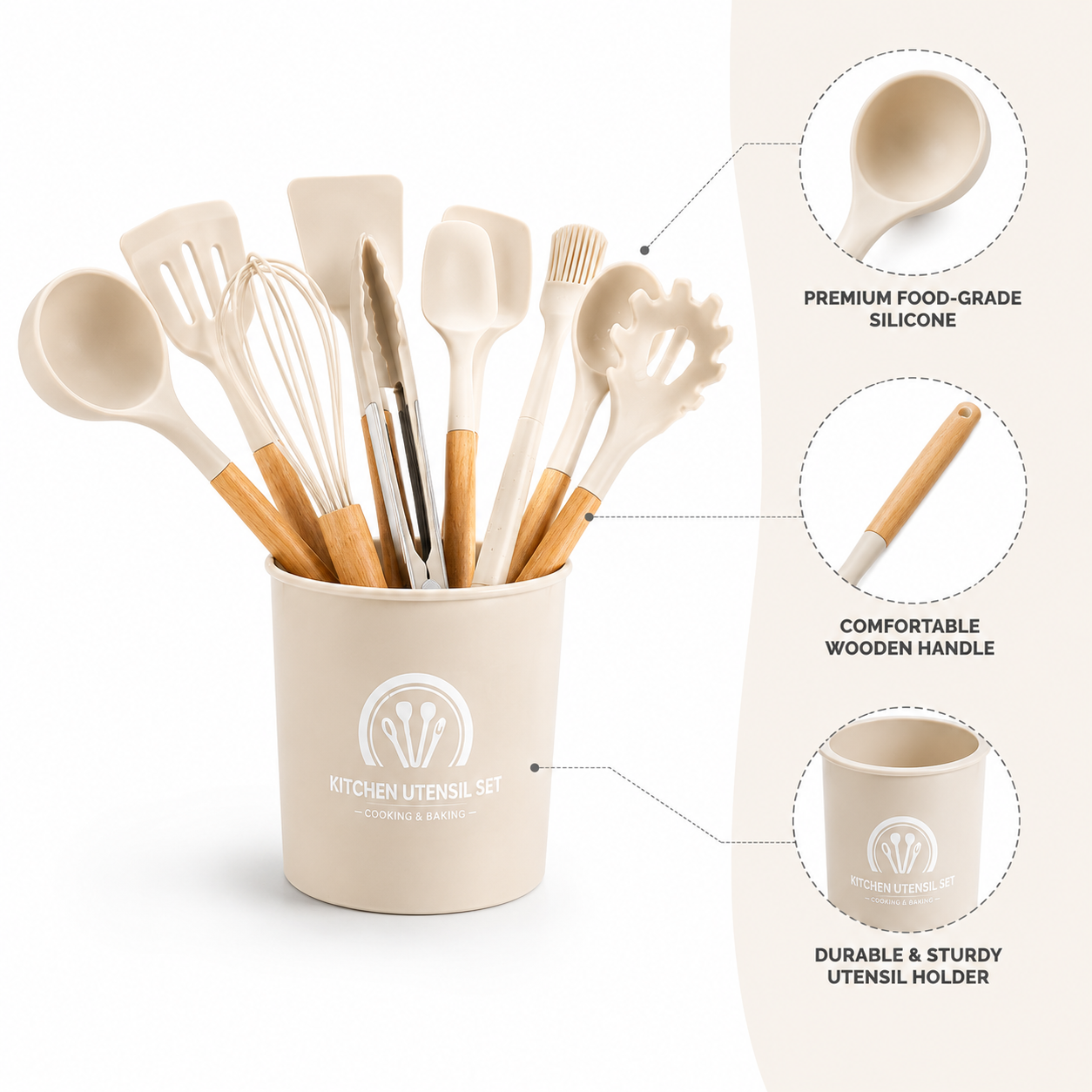 Set de Utensilios de Cocina Silicona Premium con Mango Tipo Madera