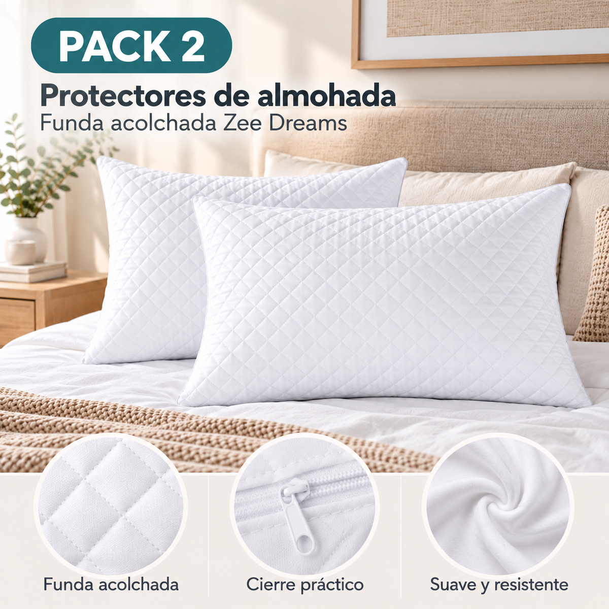 Pack 2 Protectores de almohada 50x70 funda acolchada Zee Dreams