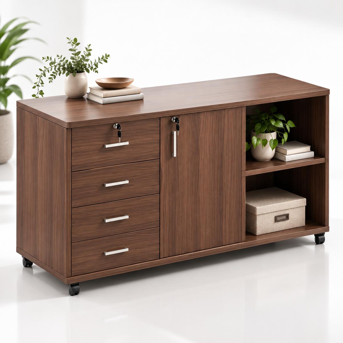 Gabinete con 3 cajones y ruedas color Caoba