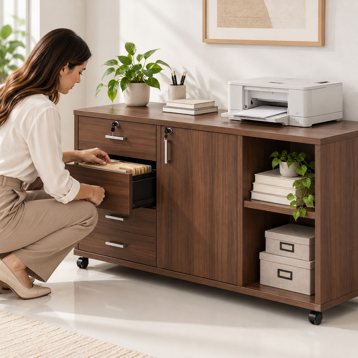 Gabinete con 3 cajones y ruedas color Caoba