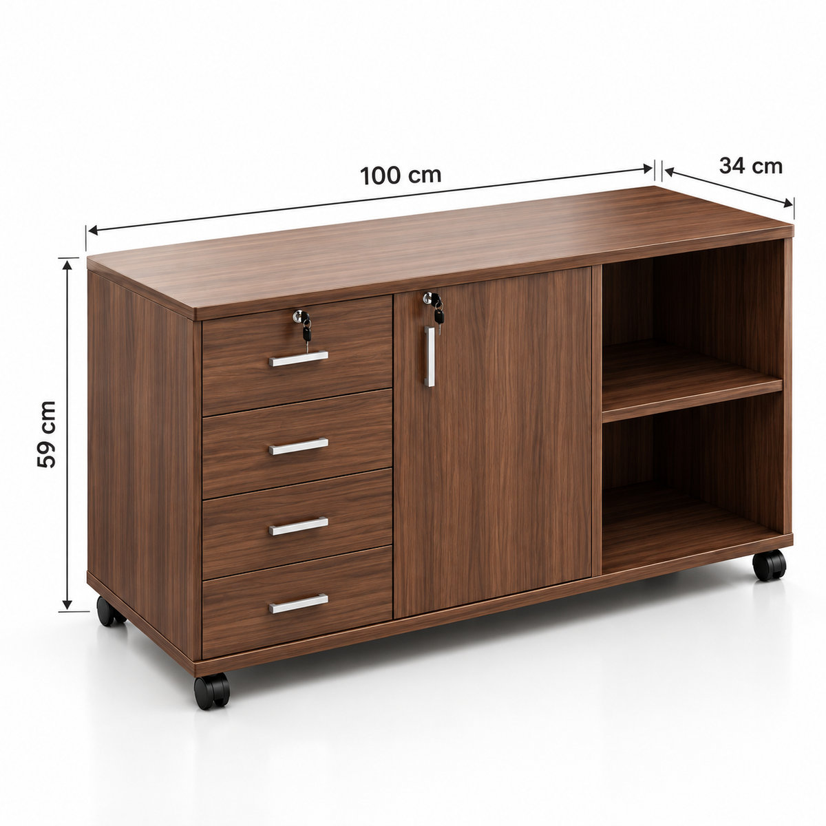 Gabinete con 3 cajones y ruedas color Caoba