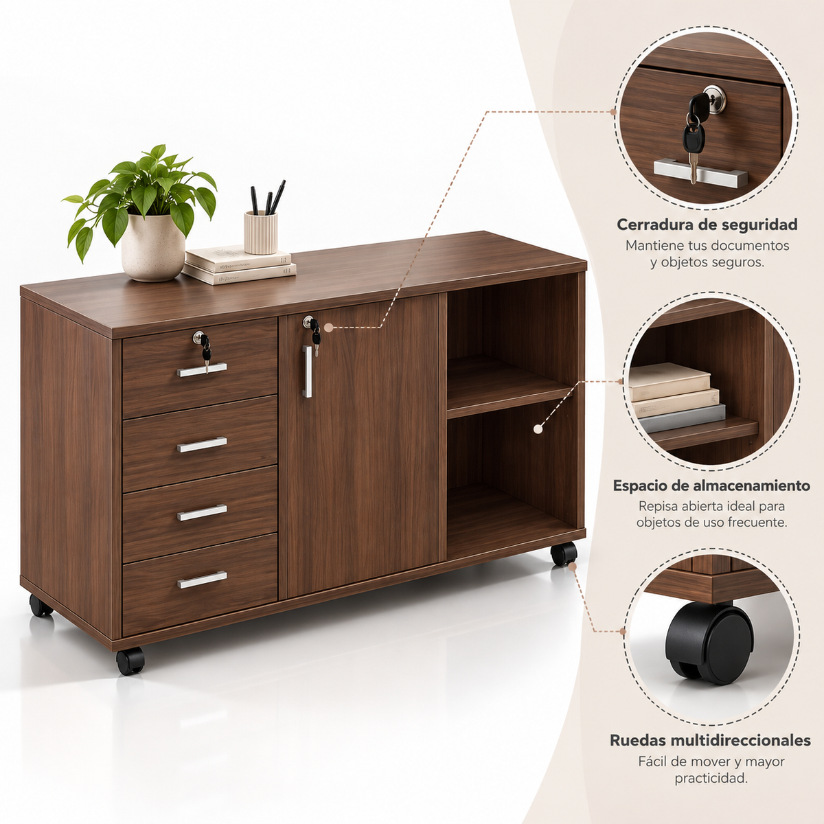 Gabinete con 3 cajones y ruedas color Caoba