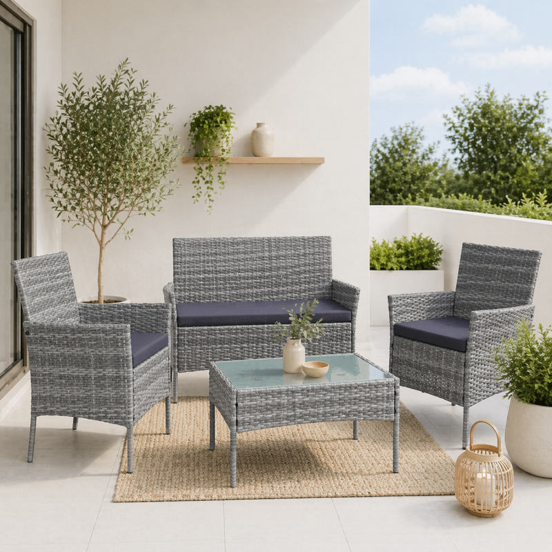 Juego Terraza 4 Piezas Gris Rattan