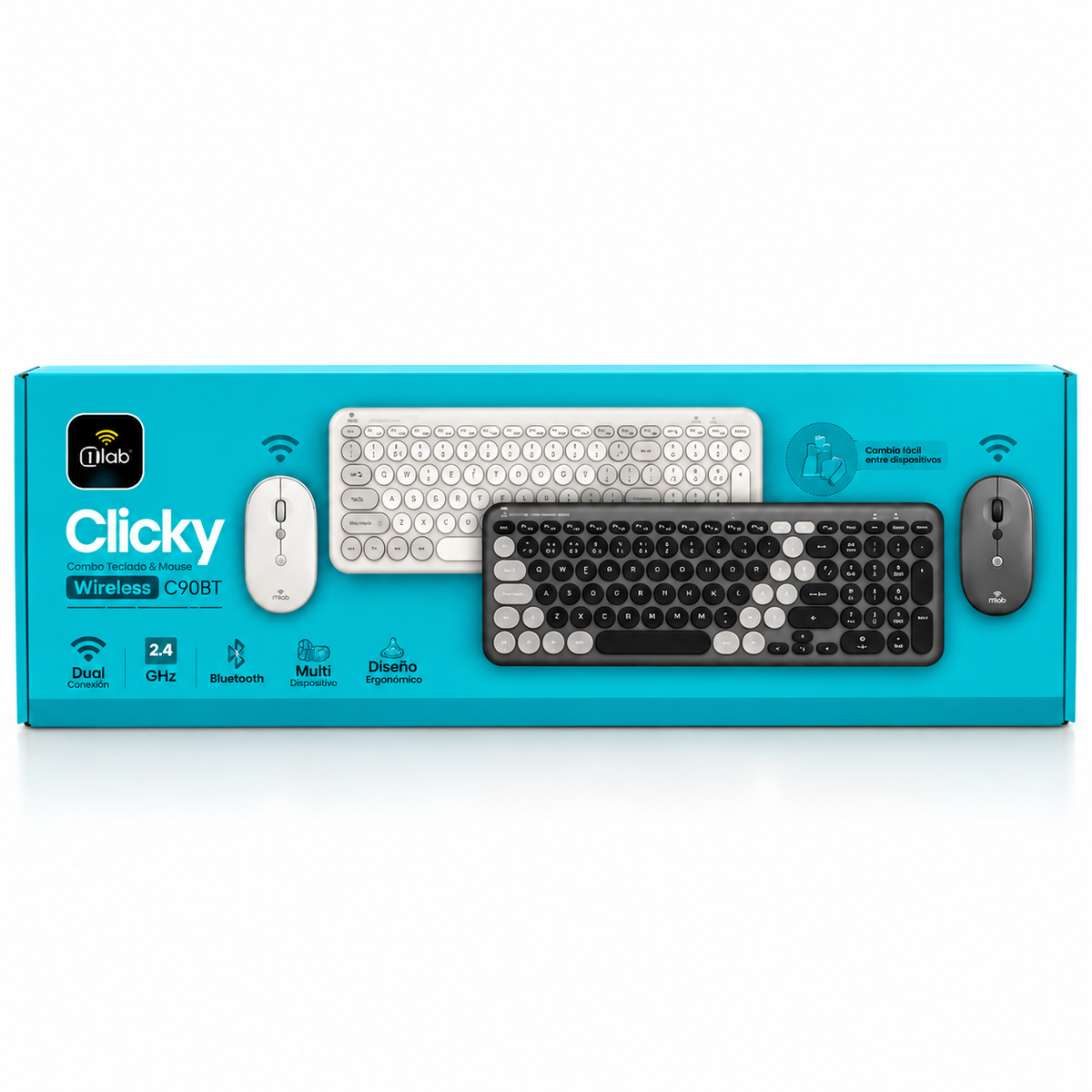 Kit Teclado y Mouse Inalámbrico MLAB Clicky C90BT Bluetooth + 2,4 GHz 1600 DPI Blanco/Gris