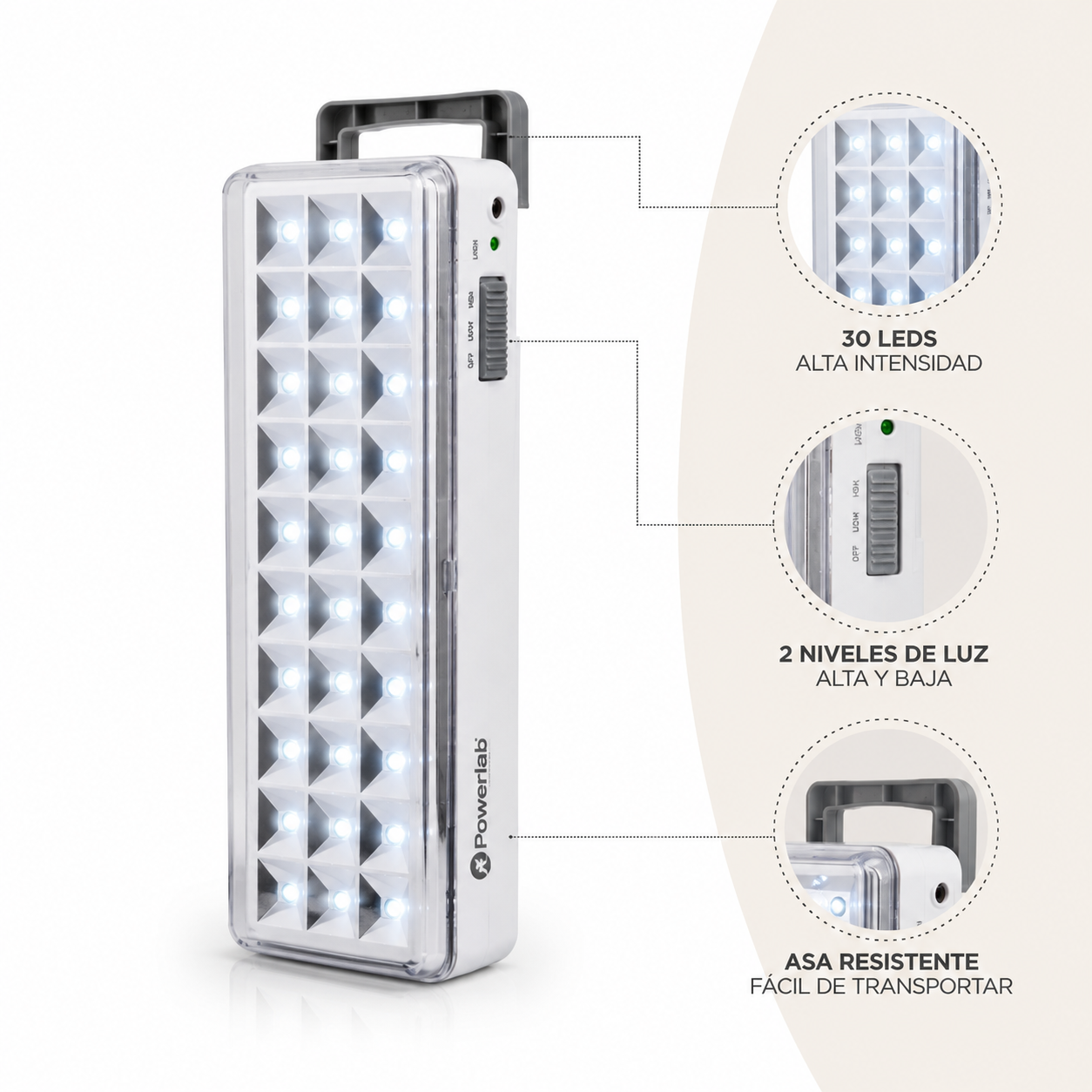 Lámpara de Emergencia Powerlab 30 LED 5 W – Batería Recargable y Encendido Automático