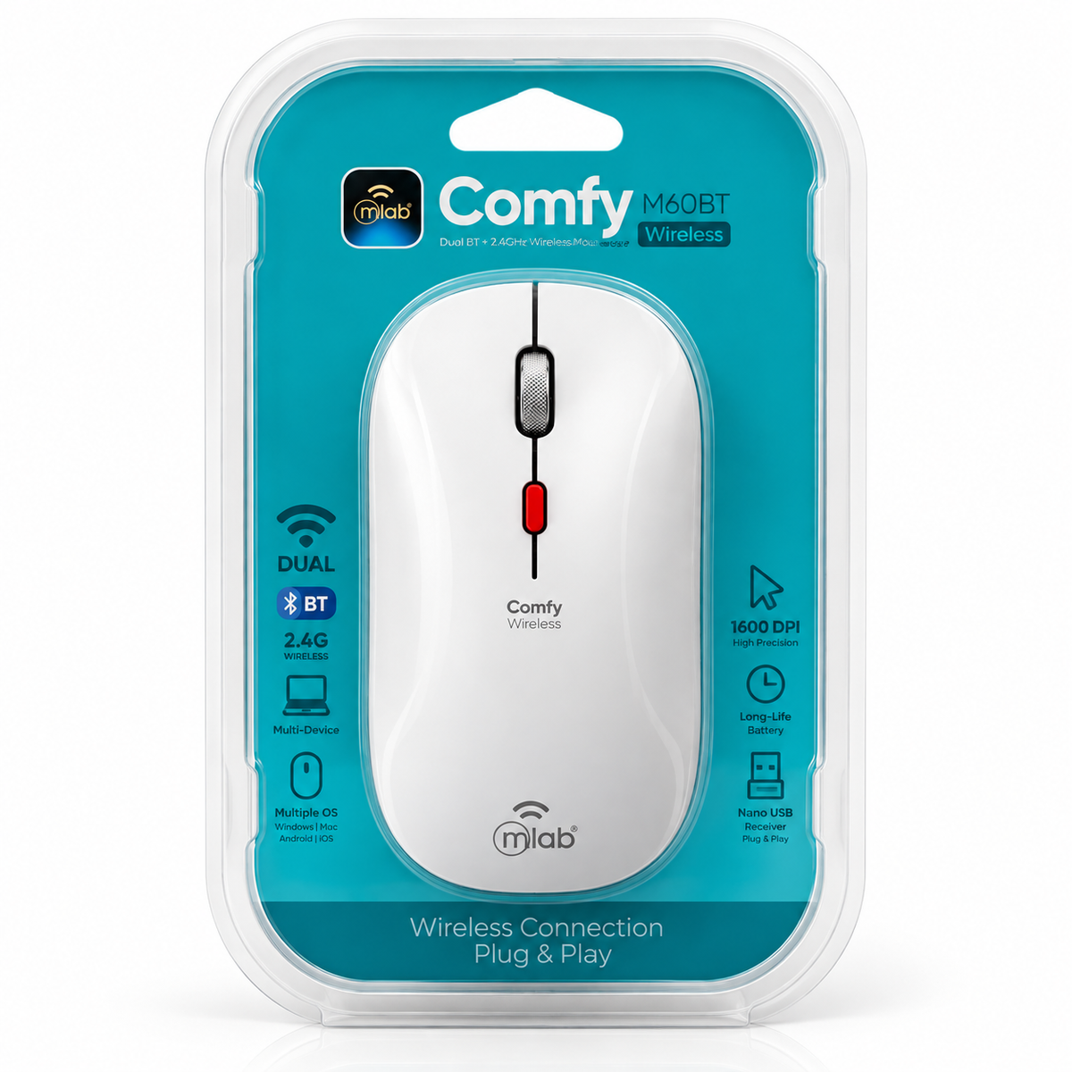Mouse Inalámbrico MLAB Comfy M60BT Bluetooth + 2.4GHz 1600 DPI Blanco