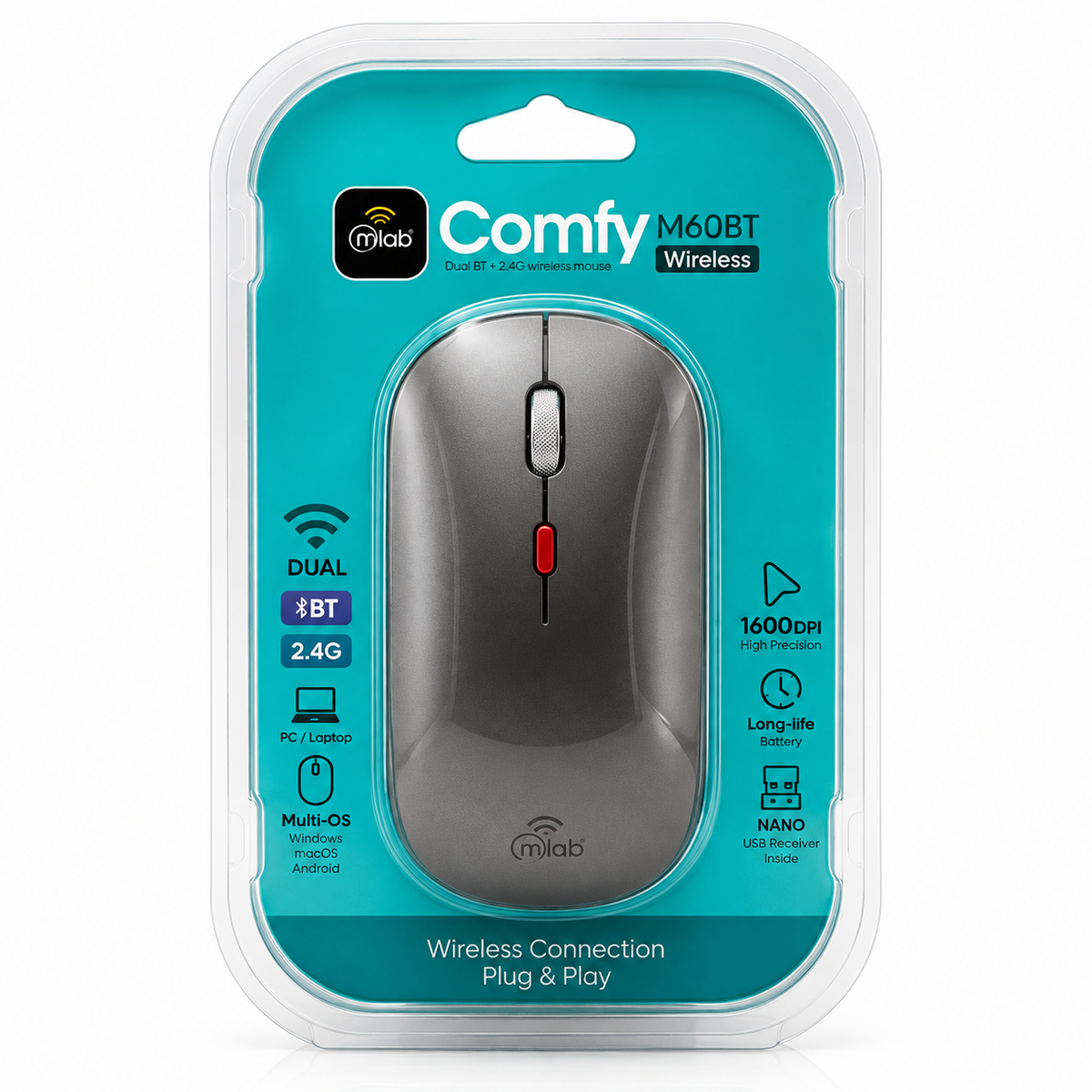 Mouse Inalámbrico MLAB Comfy M60BT Bluetooth + 2.4GHz 1600 DPI Gris