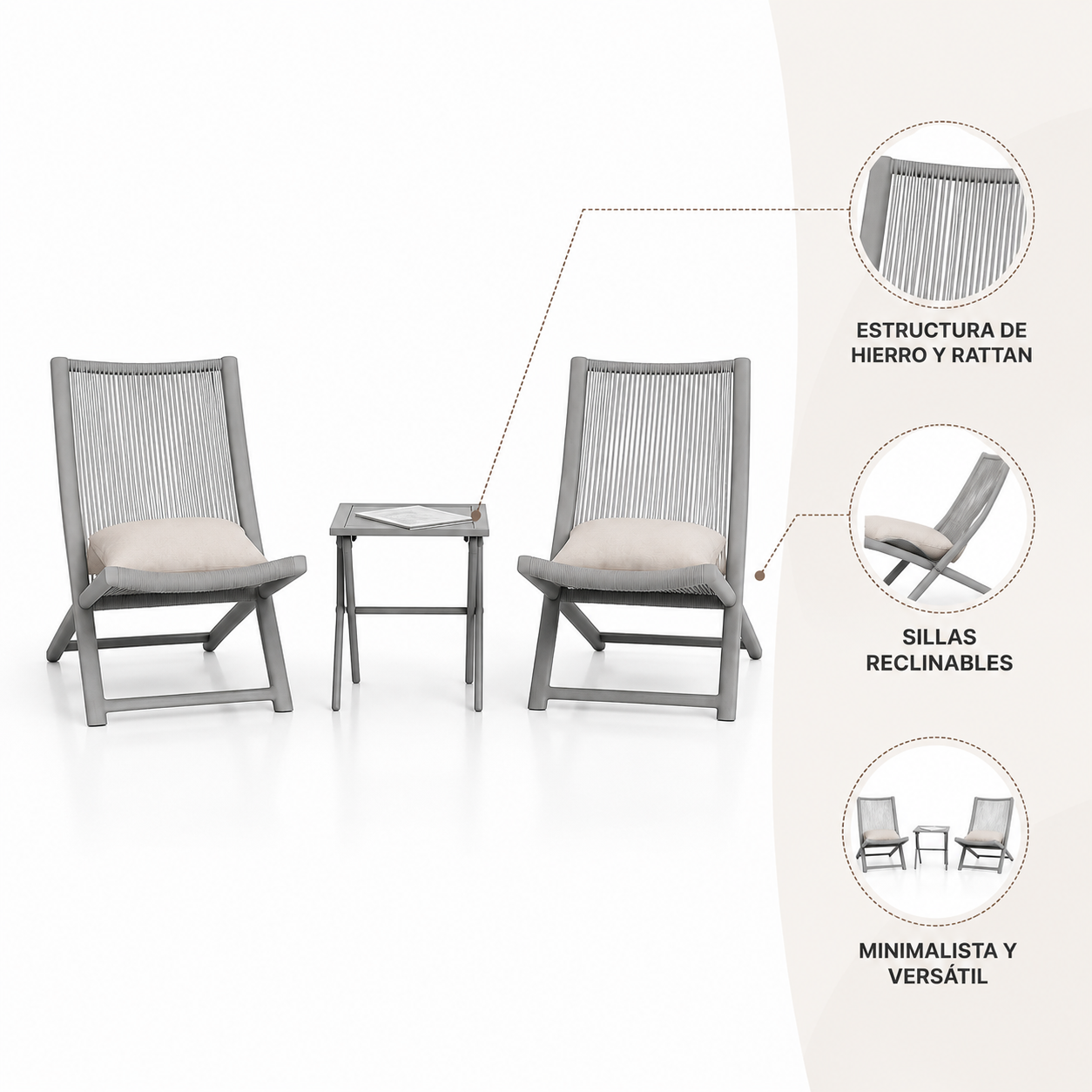 Juego 2 reposeras plegables mesa color Gris