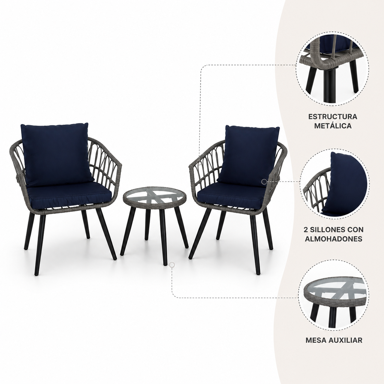 Juego Terraza Balcon Bintang Sillones Con Almohadon Y Mesa Azul