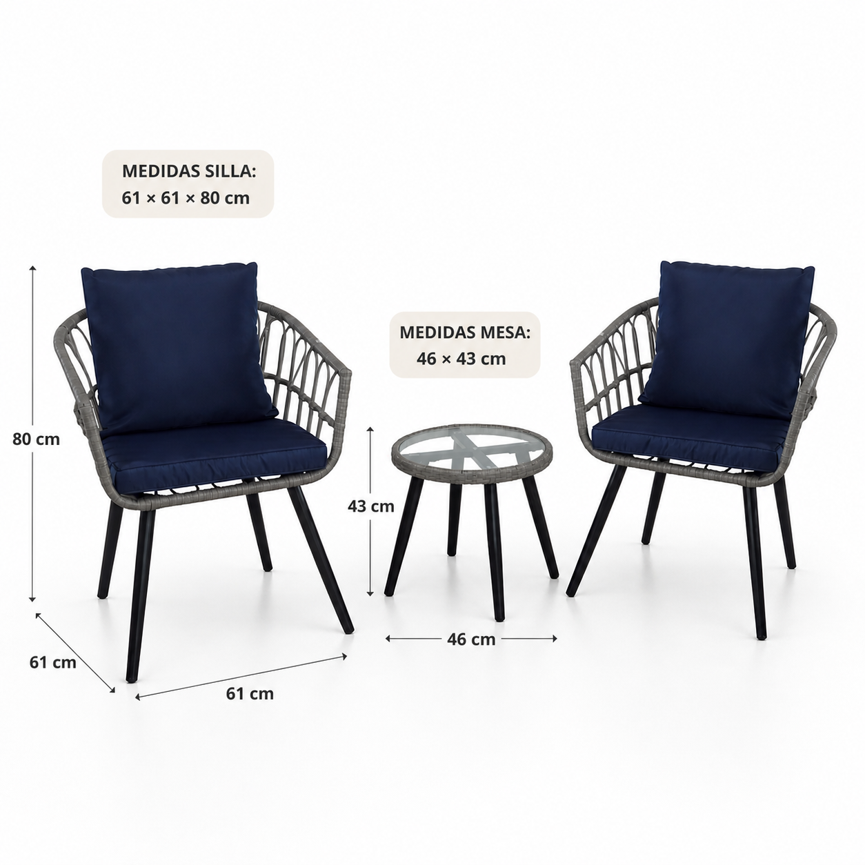Juego Terraza Balcon Bintang Sillones Con Almohadon Y Mesa Azul