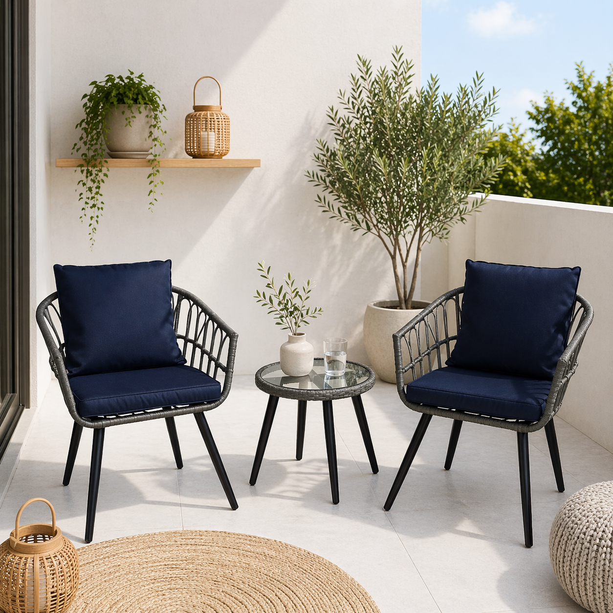 Juego Terraza Balcon Bintang Sillones Con Almohadon Y Mesa Azul
