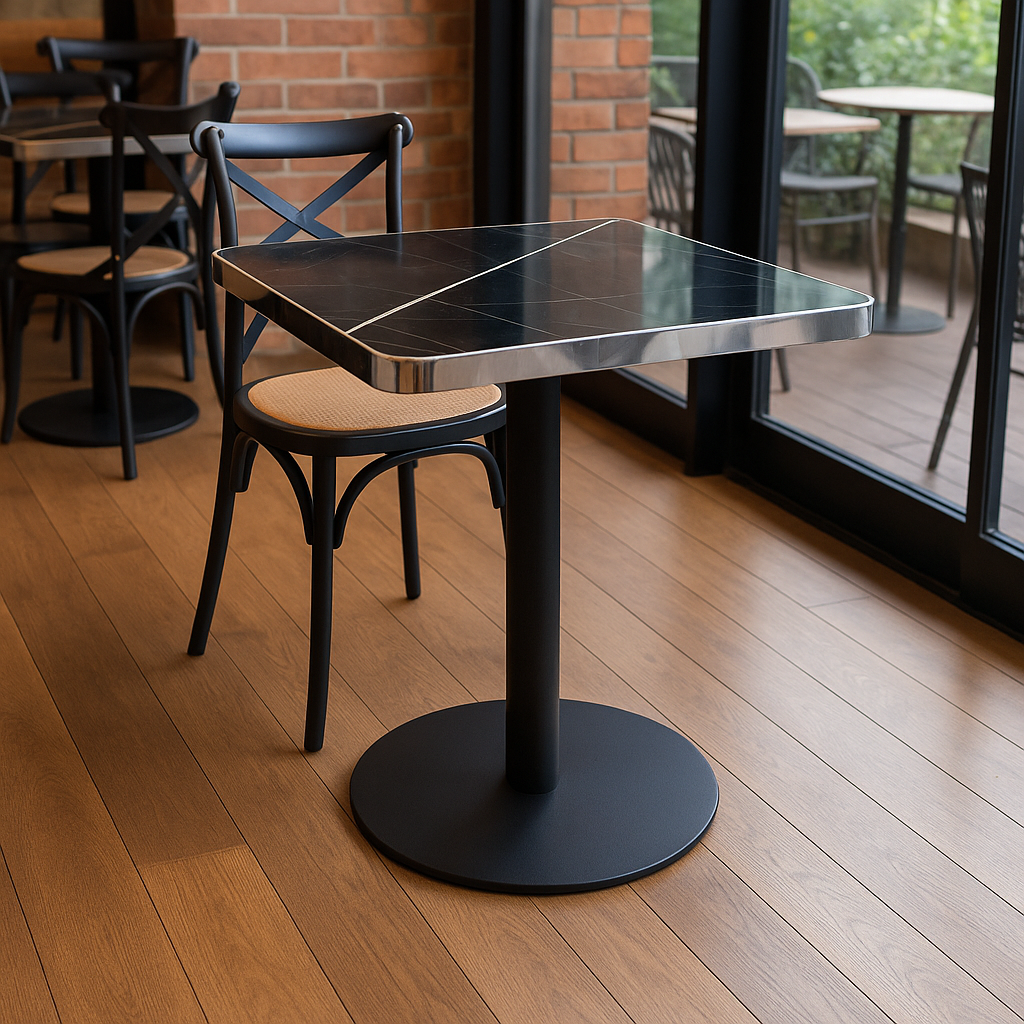 Mesa Parisina 70x70 Negra Ribete Plateado