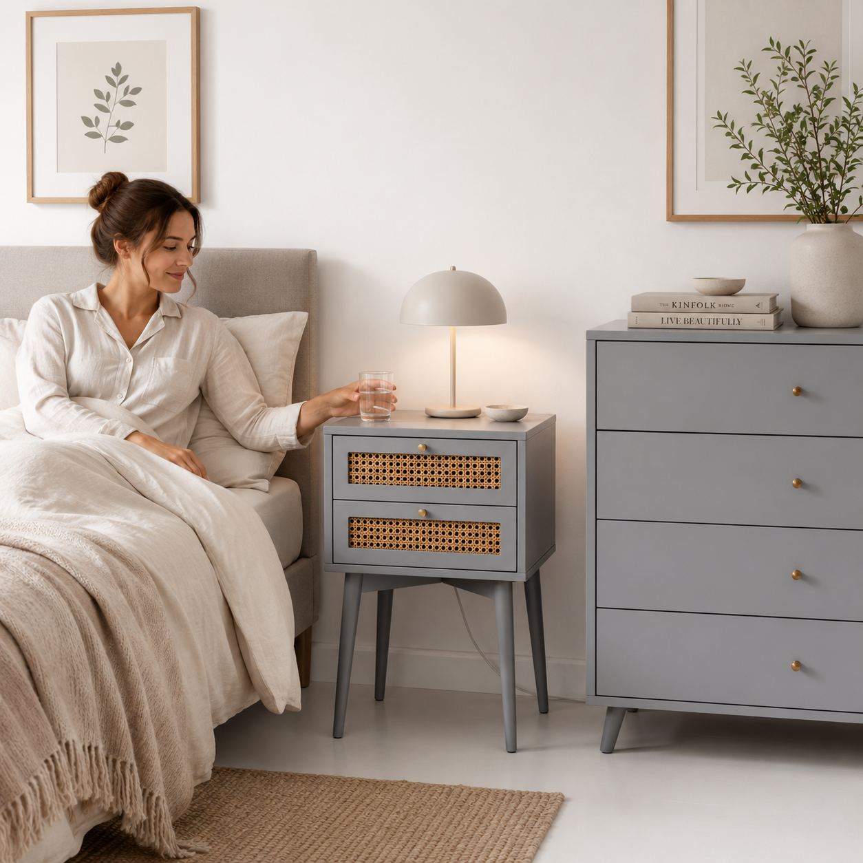 Velador Rattan 2 Cajones Gris
