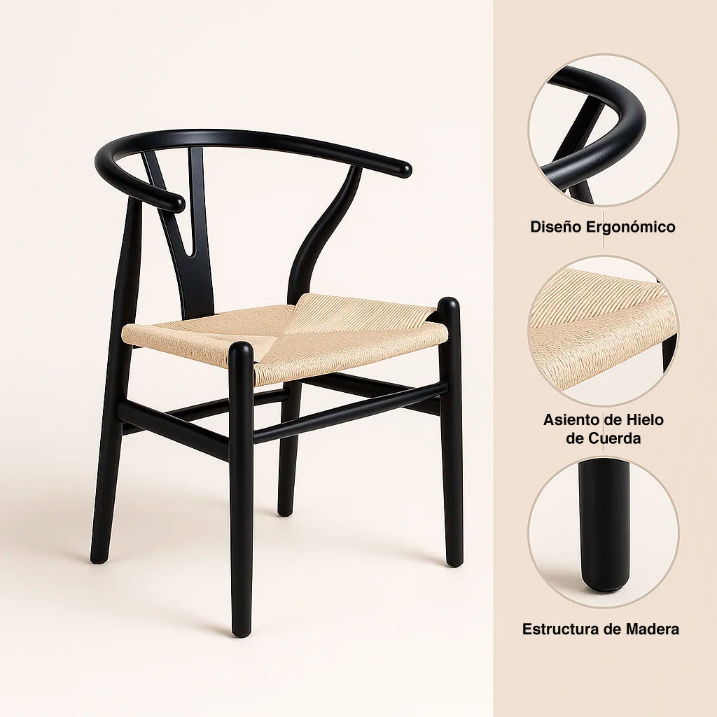 Silla Wishbone Madera Negra y Asiento Claro