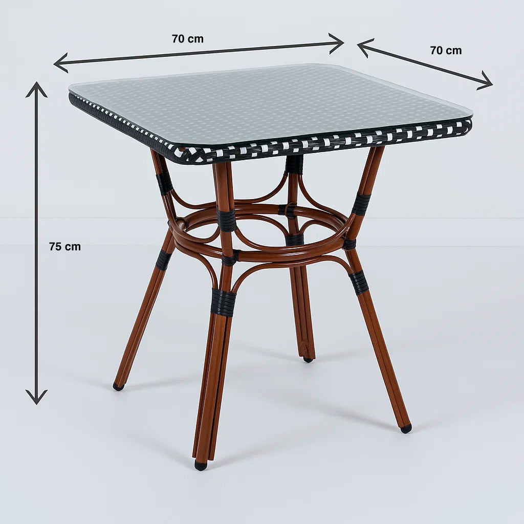 Mesa Bistro Parisina de Vidrio con Metál y Rattan Sintético