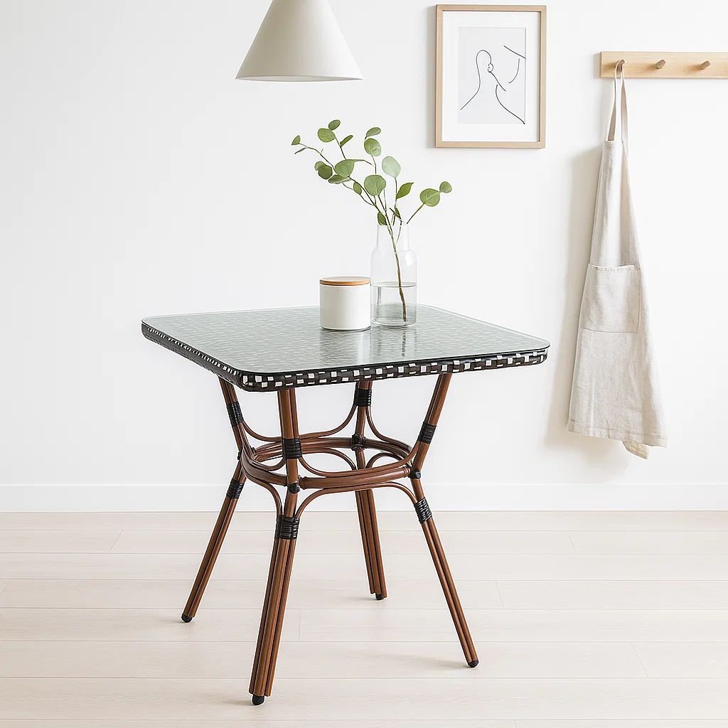 Mesa Bistro Parisina de Vidrio con Metál y Rattan Sintético