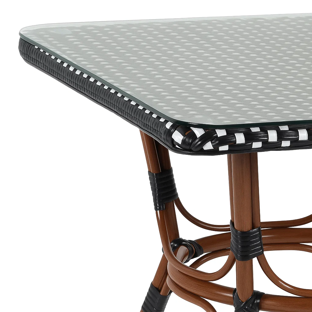 Mesa Bistro Parisina de Vidrio con Metál y Rattan Sintético